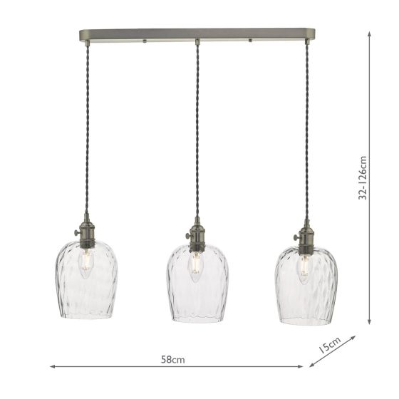 Där Lighting Hadano 3 Light Antique Chrome Suspension With Dimpled Glass Shades