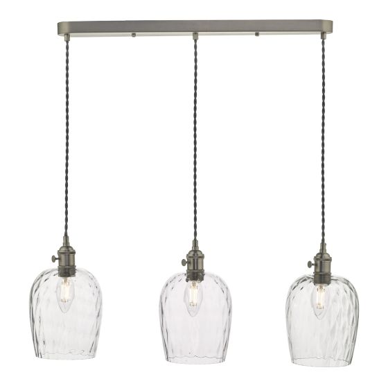 där lighting Hadano 3 Light Antique Chrome Suspension With Dimpled Glass Shades