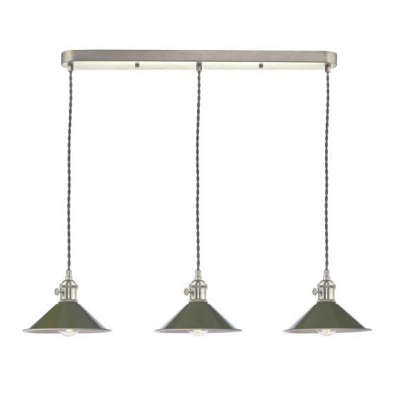 där lighting Hadano 3 Light Antique Chrome Suspension With Olive Green Shades
