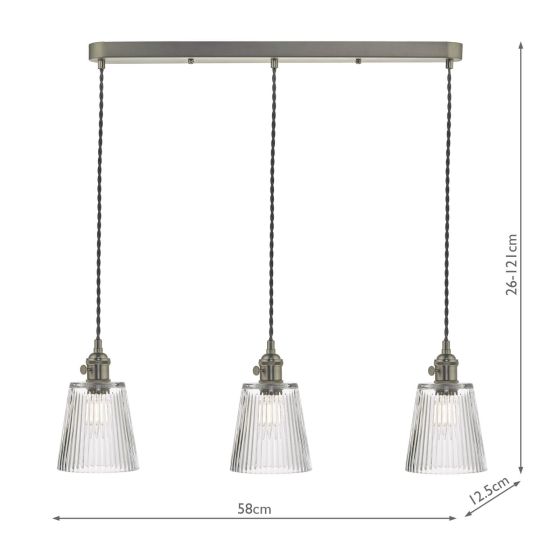 Där Lighting Hadano 3 Light Antique Chrome Suspension With Ribbed Glass Shades