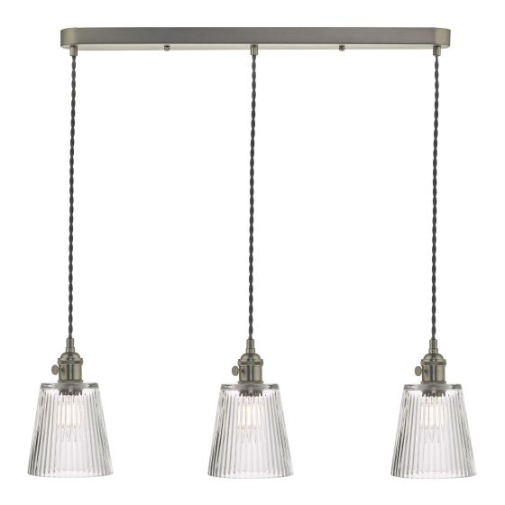 där lighting Hadano 3 Light Antique Chrome Suspension With Ribbed Glass Shades