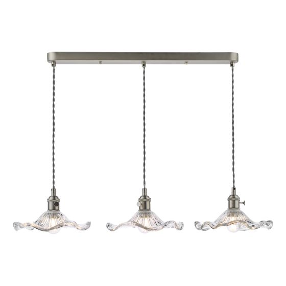 där lighting Hadano 3 Light Bar Pendant Antique Chrome and Wavy Glass