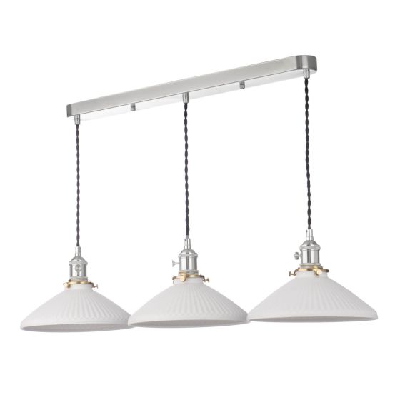 Där Lighting Hadano 3 Light Bar Pendant Antique Chrome & Ceramic Shallow Shade