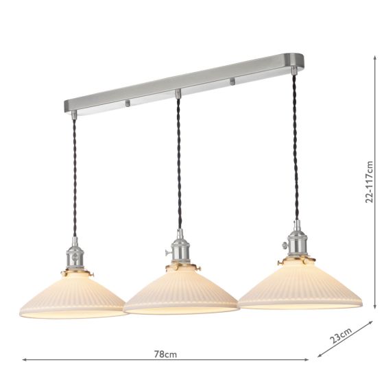 Där Lighting Hadano 3 Light Bar Pendant Antique Chrome & Ceramic Shallow Shade
