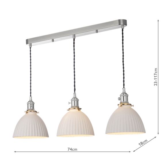 Där Lighting Hadano 3 Light Bar Pendant Antique Chrome & Ceramic Domed Shade