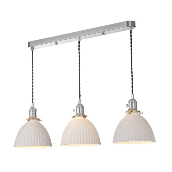 där lighting Hadano 3 Light Bar Pendant Antique Chrome & Ceramic Domed Shade