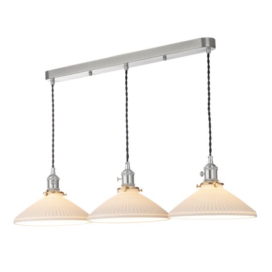 där lighting Hadano 3 Light Bar Pendant Antique Chrome & Ceramic Shallow Shade