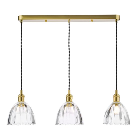 där lighting Hadano 3 Light Bar Pendant Natural Brass and Scalloped Bell Glass
