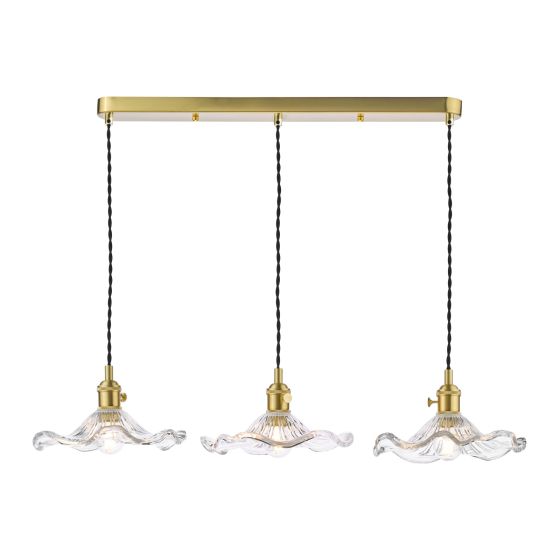 där lighting Hadano 3 Light Bar Pendant Natural Brass and Wavy Glass
