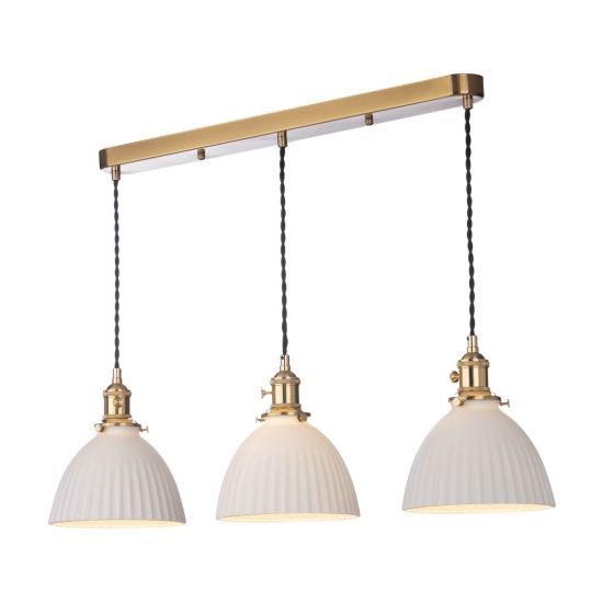 där lighting Hadano 3 Light Bar Pendant Natural Brass & Ceramic Domed Shade