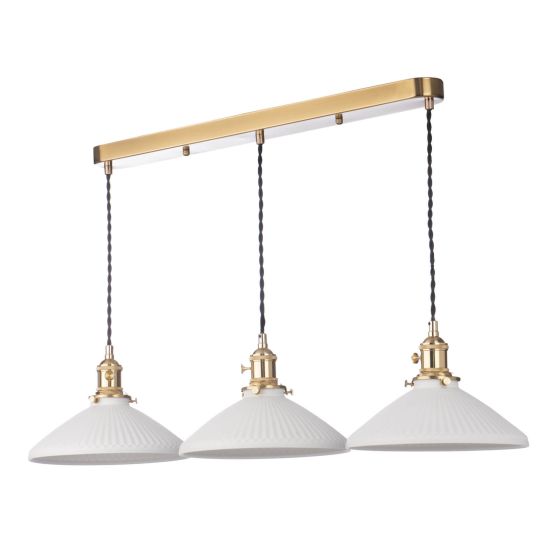 Där Lighting Hadano 3 Light Bar Pendant Natural Brass & Ceramic Shallow Shade