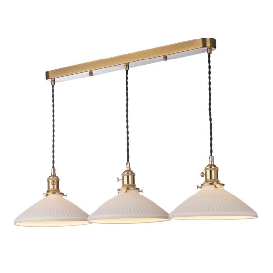 där lighting Hadano 3 Light Bar Pendant Natural Brass & Ceramic Shallow Shade
