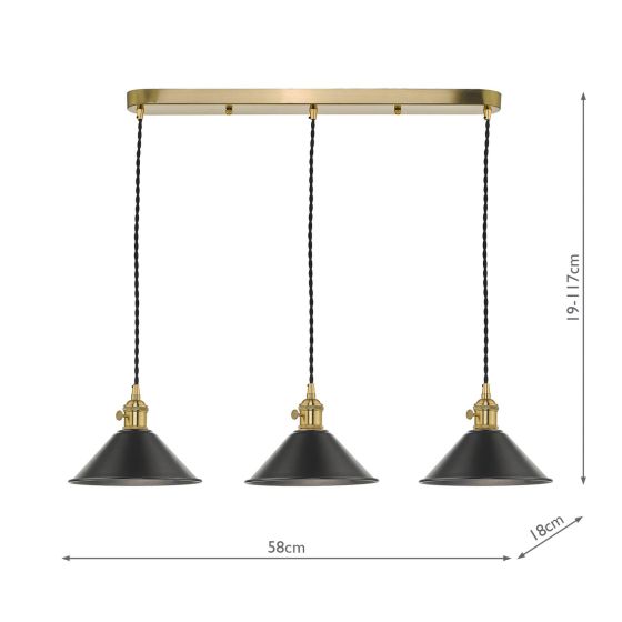 Där Lighting Hadano 3 Light Brass Suspension With Antique Pewter Shades