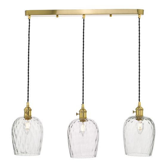 där lighting Hadano 3 Light Brass Suspension With Dimpled Glass Shades
