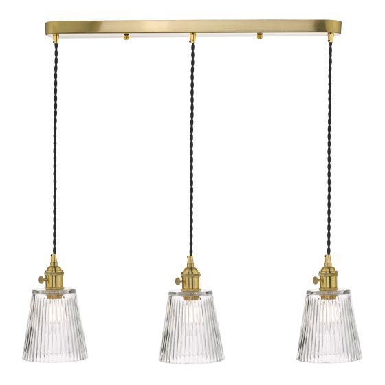 där lighting Hadano 3 Light Brass Suspension With Ribbed Glass Shades