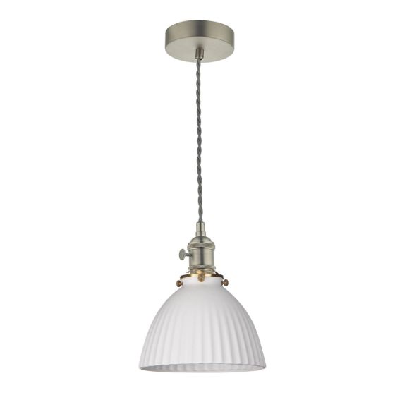 Där Lighting Hadano Pendant Antique Chrome & Ceramic Domed Shade
