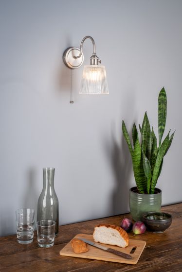 Där Lighting Hadano Wall Light Antique Chrome With Clear Ribbed Glass Shade