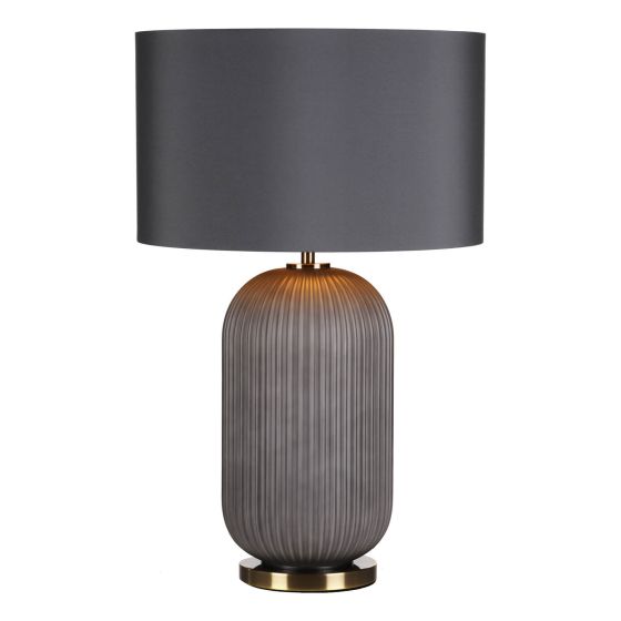 där lighting Helicon Table Lamp Grey Ribbed Glass and Antique Brass With Shade
