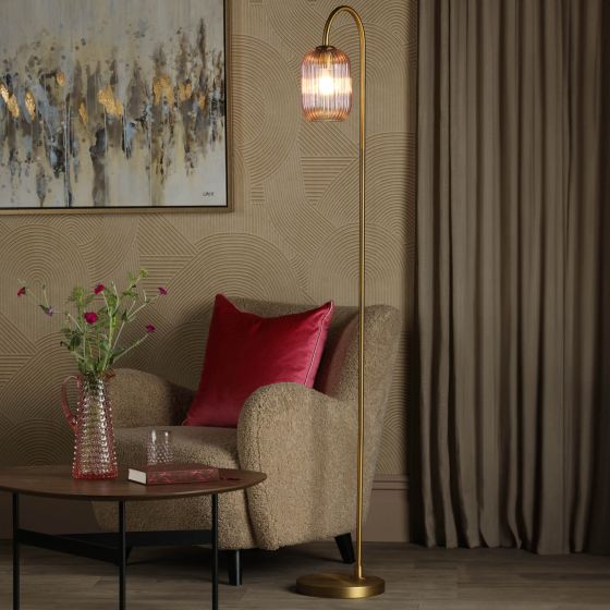 Där Lighting Idra Floor Lamp Aged Bronze And Pink Ribbed Glass