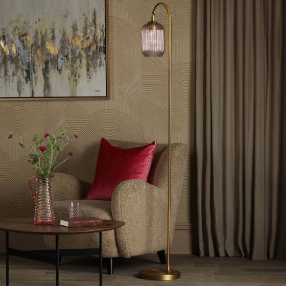 Där Lighting Idra Floor Lamp Aged Bronze And Pink Ribbed Glass