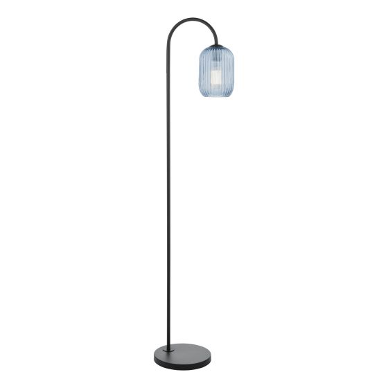 Där Lighting Idra Floor Lamp Satin Black And Blue Ribbed Glass