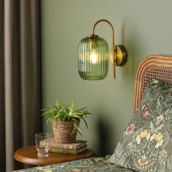 Där Lighting Idra Wall Light Aged Bronze And Green Ribbed Glass
