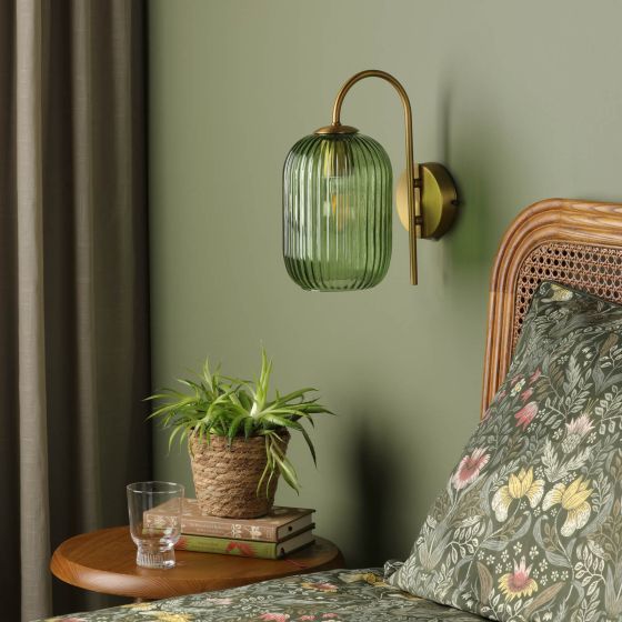 Där Lighting Idra Wall Light Aged Bronze And Green Ribbed Glass