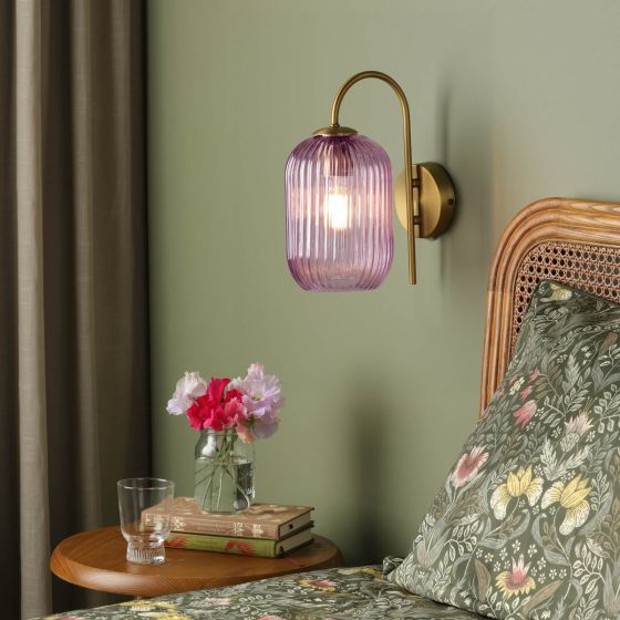 Där Lighting Idra Wall Light Aged Bronze And Pink Ribbed Glass