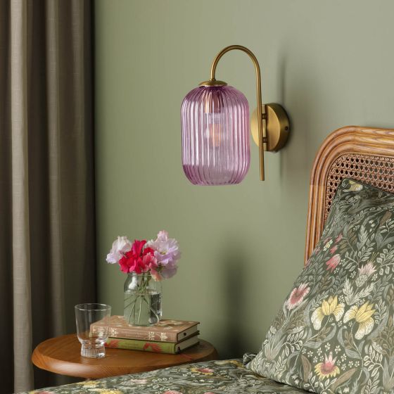 Där Lighting Idra Wall Light Aged Bronze And Pink Ribbed Glass