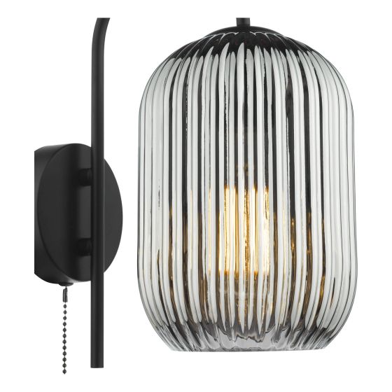 Där Lighting Idra Wall Light Matt Black And Smoked Ribbed Glass