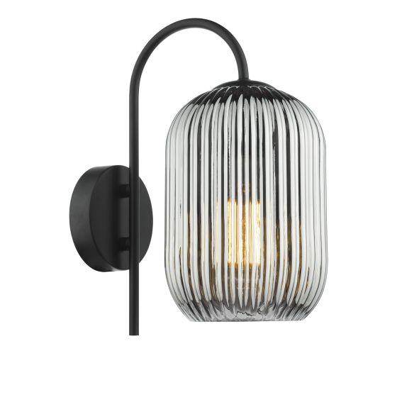 där lighting Idra Wall Light Matt Black and Smoked Ribbed Glass