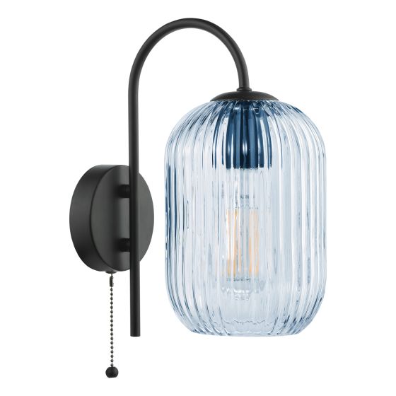 Där Lighting Idra Wall Light Satin Black And Blue Ribbed Glass