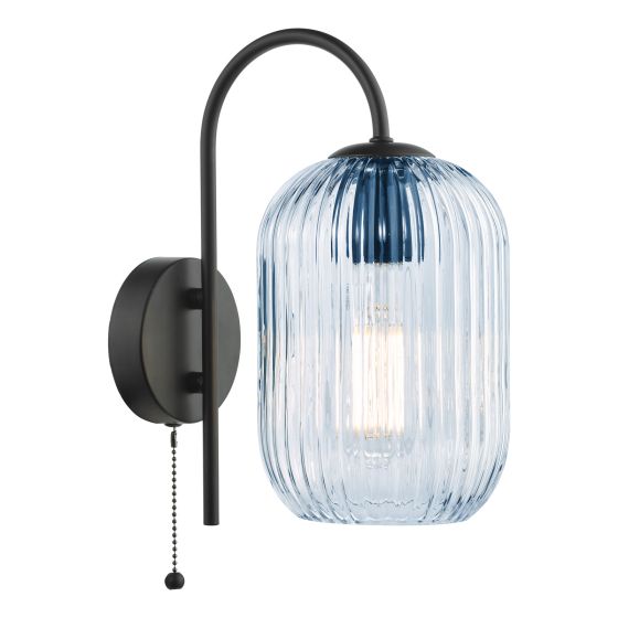 där lighting Idra Wall Light Satin Black and Blue Ribbed Glass