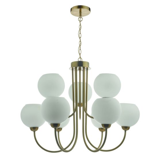 Där Lighting Indra 9 Light Pendant Natural Brass And Opal Glass