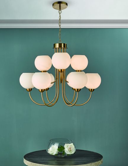 Där Lighting Indra 9 Light Pendant Natural Brass And Opal Glass