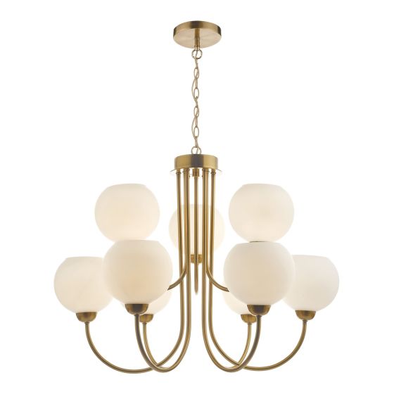 där lighting Indra 9 Light Pendant Natural Brass and Opal Glass