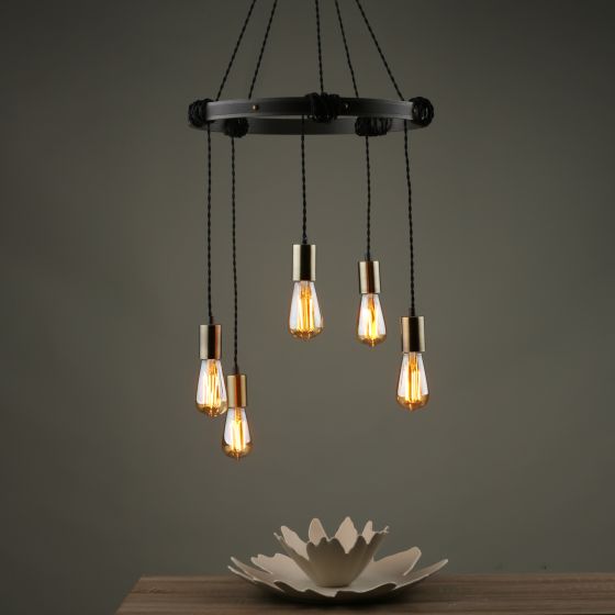 Där Lighting Ivan 5 Light Pendant Rustic Wood Aged Brass Detail