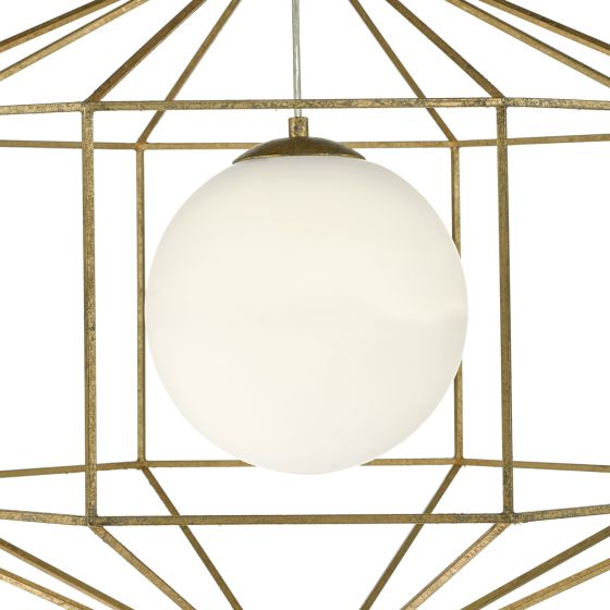 Där Lighting Izmir 1 Light Pendant Hexagonal Old Gold Frame Opal Glass