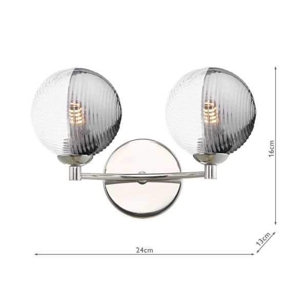 Där Lighting Izzy 2 Light Wall Light Polished Chrome & Smoked/Clear Ribbed Glass