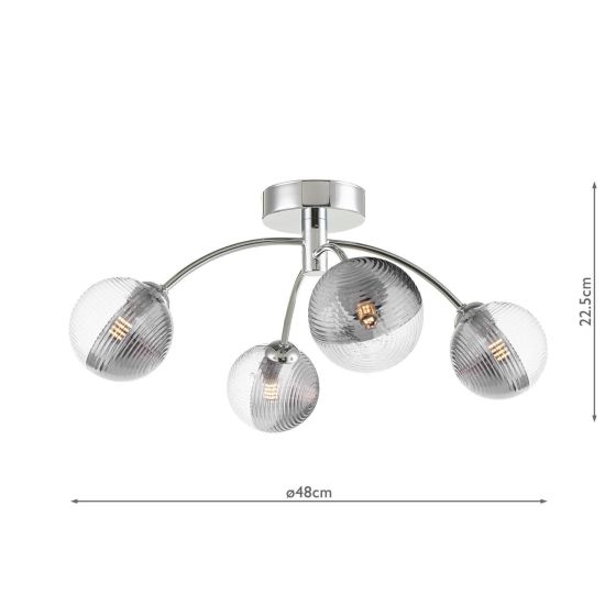 Där Lighting Izzy 4 Light Semi-Flush Polished Chrome & Smoked/Clear Ribbed Glass