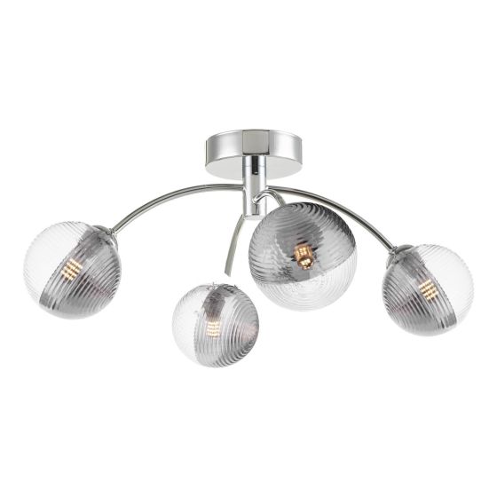 där lighting Izzy 4 Light Semi-Flush Polished Chrome & Smoked/Clear Ribbed Glass