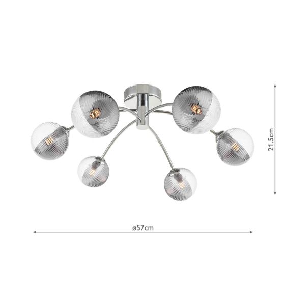 Där Lighting Izzy 6 Light Semi-Flush Polished Chrome & Smoked/Clear Ribbed Glass