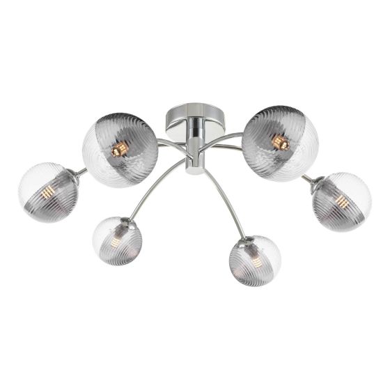 där lighting Izzy 6 Light Semi-Flush Polished Chrome & Smoked/Clear Ribbed Glass