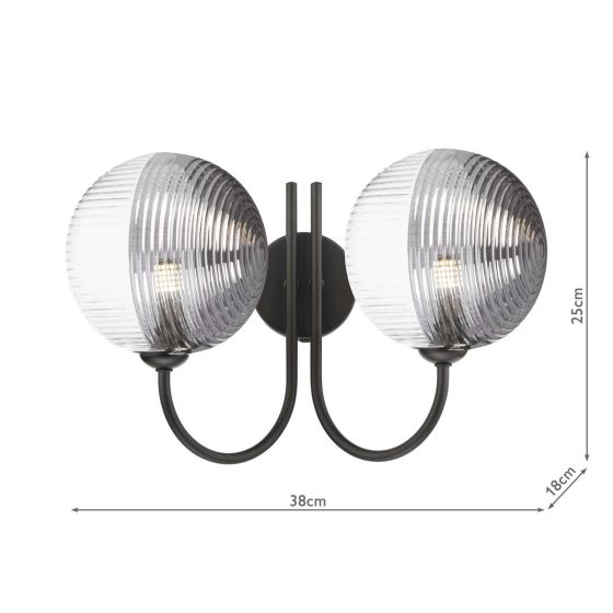 Där Lighting Jared 2 Light Wall Light Matt Black & Smoked/Clear Ribbed Glass