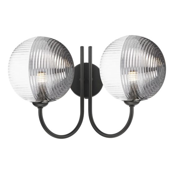 där lighting Jared 2 Light Wall Light Matt Black & Smoked/Clear Ribbed Glass