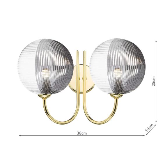 Där Lighting Jared 2 Light Wall Light Polished Gold & Smoked/Clear Ribbed Glass