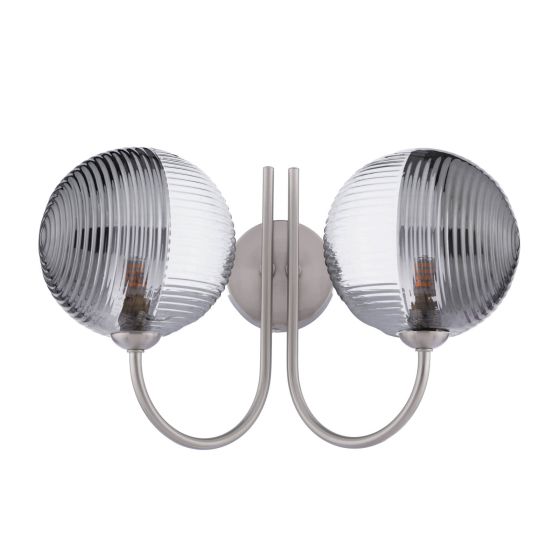 Där Lighting Jared 2 Light Wall Light Satin Nickel & Smoked/Clear Ribbed Glass