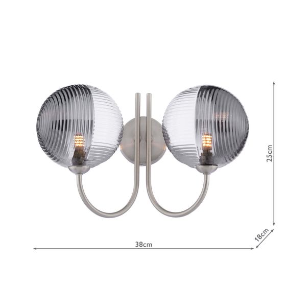 Där Lighting Jared 2 Light Wall Light Satin Nickel & Smoked/Clear Ribbed Glass