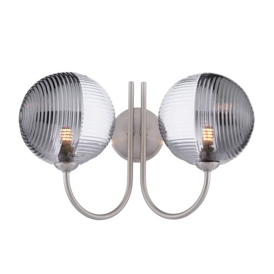 där lighting Jared 2 Light Wall Light Satin Nickel & Smoked/Clear Ribbed Glass