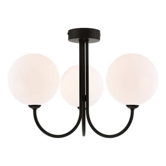där lighting Jared 3 Light Semi-Flush Matt Black and Large Opal Glass